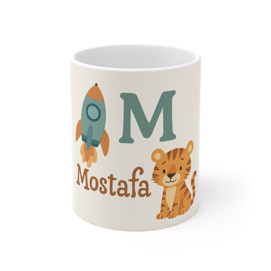 Personalized Kids' Ceramic Mug - Customized with Name, Fun Rocket and Tiger Design, Perfect for Birthdays, Gifts, Nursery Decor, and [...]