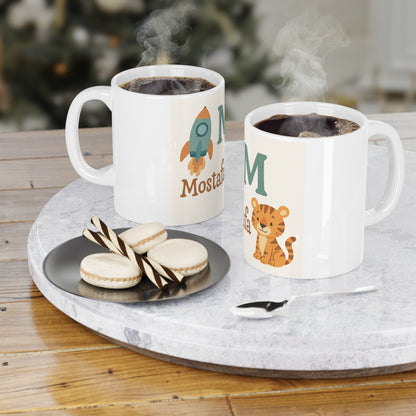 Personalized Kids' Ceramic Mug - Customized with Name, Fun Rocket and Tiger Design, Perfect for Birthdays, Gifts, Nursery Decor, and [...]